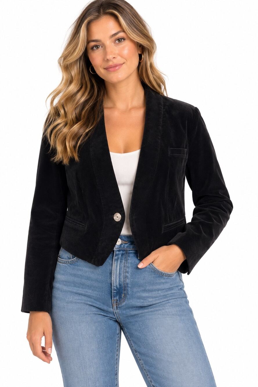 Anthropologie Black Velvet Cropped One Button Closure Jacket